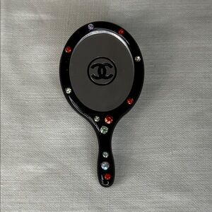 Chanel Hand Mirror Brooch Black Enamel Gold Tone w/ Box Made in Italy